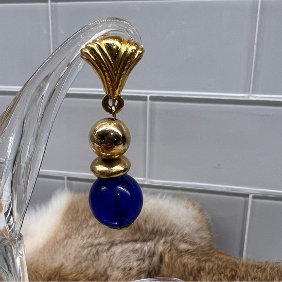 Ornate Gold Tone Dangle Earrings, Cobalt Blue Lucite/ Glass Bead Vintage Clip On - Picture 2 of 7